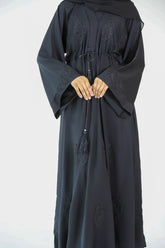 Black Umbrella Abaya with big motif and Inner Belt
